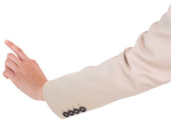 Digital png photo of hand of asian businesswoman pointing on transparent background