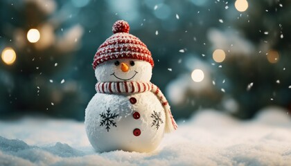 knitted snowman christmas decoration snow hill background