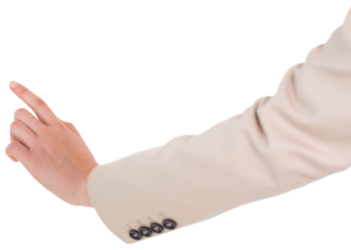 Digital png photo of hand of asian businesswoman pointing on transparent background