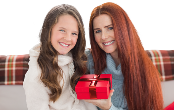 Digital png photo of caucasian mother and daughter with present on transparent background
