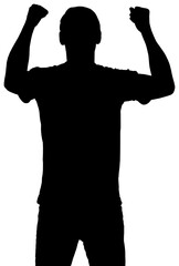 Fototapeta premium Digital png illustration of silhouette of sportsman with hand up on transparent background