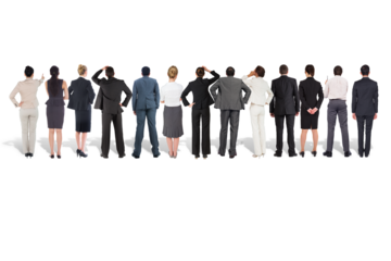 Digital png photo of back of diverse group of business people standing on transparent background