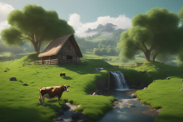 There is a tree standing in the middle of a green field. And draw a landscape with a waterfall and a hut in the distance, like a photo taken with a drone. Generative AI