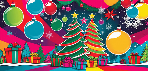 Colorful christmas comic style illustration with christmas trees and decoration. Vibrant colors. Bold outlines