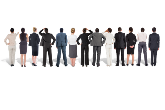 Digital png photo of back of diverse group of business people standing on transparent background