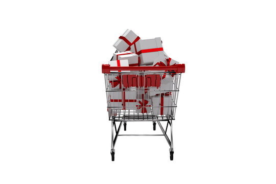 Digital png illustration of shopping trolley with presents on transparent background