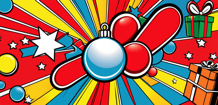 Colorful christmas comic style illustration with christmas balls. Vibrant colors. Bold outlines