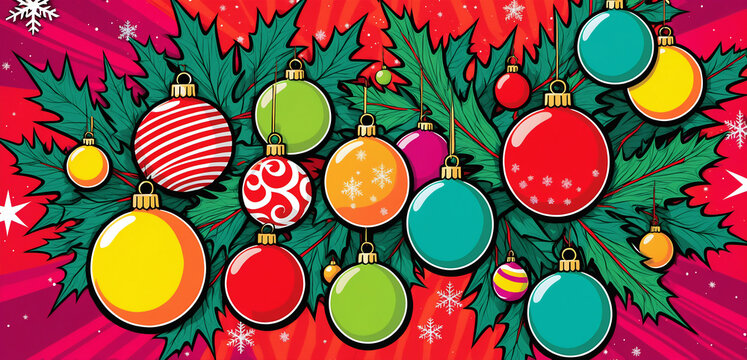Colorful christmas comic style illustration with christmas balls and greens. Vibrant colors. Bold outlines