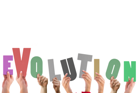Digital png illustration of hands with evolution text on transparent background - Powered by Adobe