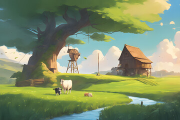 There is a tree standing in the middle of a green field. And draw a landscape with a waterfall and a hut in the distance, like a photo taken with a drone. Generative AI