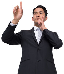 Digital png photo of caucasian businessman pointing finger on transparent background