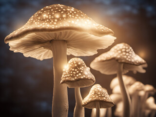 Discover the enchanted world of mushrooms at night, as beautiful lights glow from the mushrooms