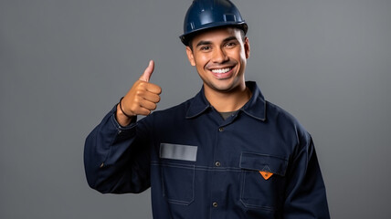 Portrait of happy   worker showing thumb up over grey background