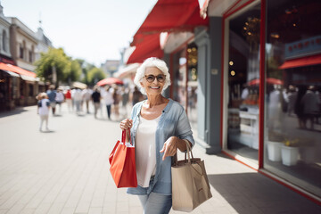 An elderly beautiful woman with white gray hair and glasses with bright frames walks down the street with shopping bags from stores after shopping - obrazy, fototapety, plakaty