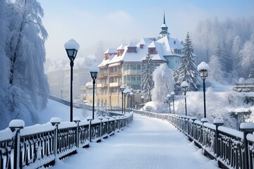 Winter landscape of Krynica Zdrój, a health resort in Małopolska, Poland, featuring snow-covered central promenade. Generative AI - obrazy, fototapety, plakaty