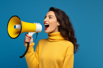 a beautiful brunette girl in a yellow turtleneck on a blue background shouts into a megaphone about sales, discounts, black Friday