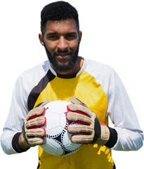 Digital png photo of biracial male goalkeeper with ball on transparent background