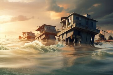 Flooded houses by rising sea. Climate change concept. Generative AI - obrazy, fototapety, plakaty