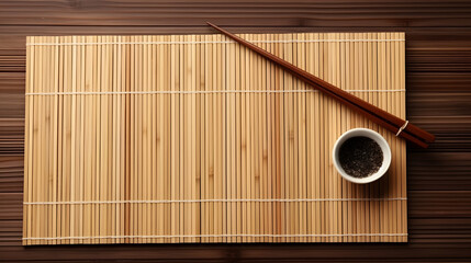 Bamboo mat with pair of chopsticks and rest on wooden table, top view. Space for text