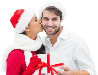 Digital png photo of caucasian couple with present and santa hats on transparent background