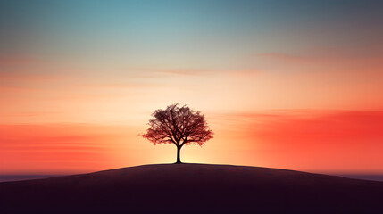 Tree in the sunset, the silhouette of a lone tree against a colorful sunset sky, Tree Silhouette in Minimalist Sunset