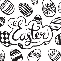 Digital png illustration of black and white card with eggs and easter text on transparent background