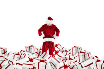 Digital png illustration of back view of santa standing on gifts on transparent background