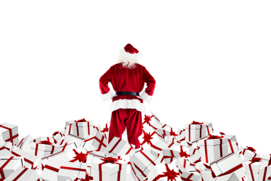 Digital png illustration of back view of santa standing on gifts on transparent background