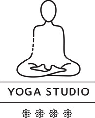 Digital png illustration of sitting silhouette with yoga studio text on transparent background