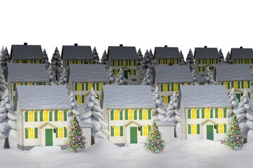 Obraz premium Digital png illustration of row of houses with snow and christmas trees on transparent background