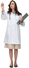 Digital png photo of focused caucasian female doctor writing on transparent background