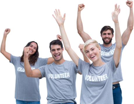 Digital png photo of happy male and female volunteers raising arms on transparent background