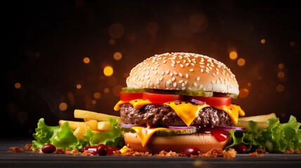 close up cheese hamburger with fries  background, AI