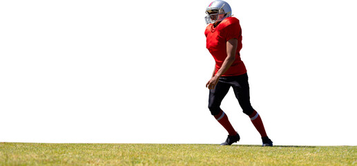 Digital png photo of american football player running on sport field on transparent background