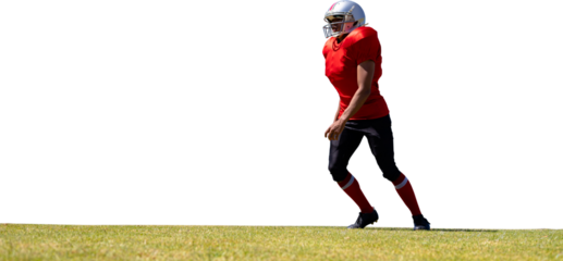 Digital png photo of american football player running on sport field on transparent background