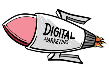 Digital png illustration of rocket with digital marketing text on transparent background