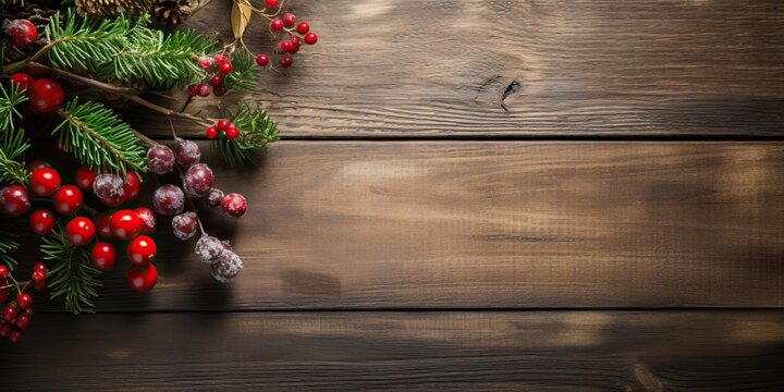 Christmas background with fir branches, red berries on wooden board