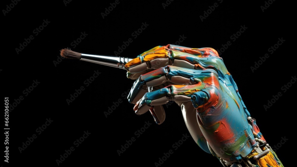 Poster generative ai art technology concept, robot painting picture in studio. generative ai image.