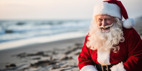 Portrait of smiling santa claus on the beach at Christmas time