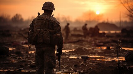 Army special forces soldier in action at sunset. battlefield.