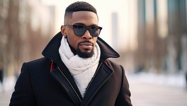 Portrait of a handsome african american man in a coat and sunglasses