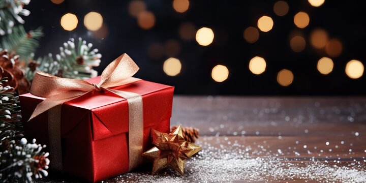 Christmas Gift Box On Wooden Table With Bokeh Lights Background.