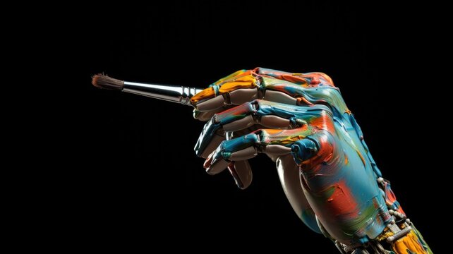Generative AI art technology concept, robot painting picture in studio. Generative AI image.
