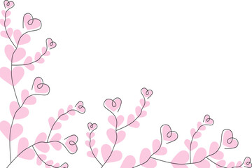 Abstract corner frame border of brunches with hearts in trendy pink hue. Design concept for greeting