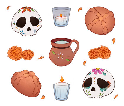 Ilustraci&oacute;n digital a color de elementos para ofrenda del D&iacute;a de Muertos. Sin fondo.