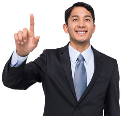 Digital png photo of biracial businessman touching virtual screen on transparent background