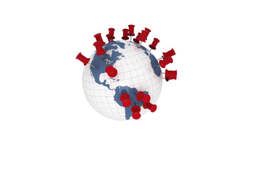 Digital png illustration of globe with red pins on transparent background