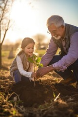 Héritage familial : Grand-père et petite-fille plantent un arbre ensemble - 662107064