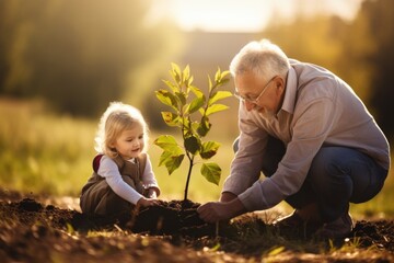 Héritage familial : Grand-père et petite-fille plantent un arbre ensemble - obrazy, fototapety, plakaty
