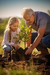 Héritage familial : Grand-père et petite-fille plantent un arbre ensemble - 662107072